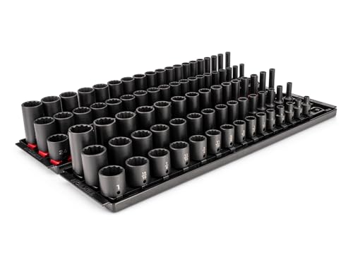 TEKTON 3/8 Inch Drive Shallow, Semi-Deep, and Deep 12-Point Impact Socket Set with Rails and Trays, 102-Piece (1/4-1 in., 6-24 mm) | SID91221