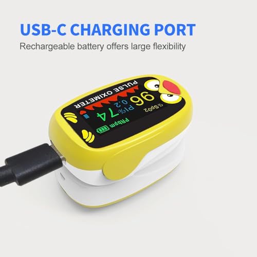 Children Fingertip Pulse Oximeter, Oxygen Monitor for Kids Baby and Blood Oxygen Saturation Heart Rate Monitor with Automatic Shut-Down, SPO2 Pulse Oximeter, Rechargeable via USB (Yellow) - Image 7