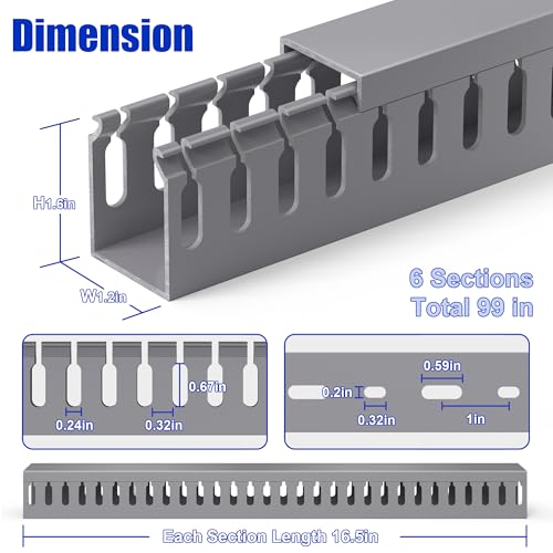 Image of 1.6 inchH x 1.2 inchW Cable Raceway, 99in Under Desk Wire Management Channel, Grey | Slotted Wire Duct, 6Pack, 16.5in Each, Heavy-Duty PVC Cable Management for Server Racks, Network Cables & Electrical Cabinets
