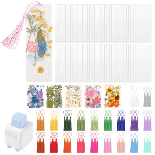WSICSE 326Pcs Pressed Flower Bookmark Making Kit Includes 125 Dried Flowers 100Pcs 12 Mils Bookmarks Laminating Pouches 100 Tassle and 1 Puncher DIY Bookmark Kit for Book Lovers(1.96 x 5.9)
