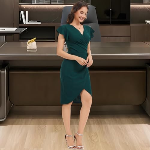 Image of shengfan Women's Sexy Deep V Neck Short Sleeve Ruched Waist Bodycon Wrap Cocktail Midi Dress