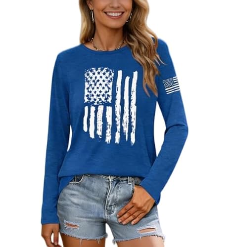 4th of July Shirts for Women Patriotic Shirts Red White and Blue Shirt USA Tshirt American Flag Long Sleeve Tees Tops