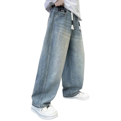 Boys Straight Leg Jeans Elastic Waisted Loose Fit Teens Denim Pants Casual Y2k Sweatpants Streetwear with Pockets
