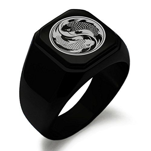 Stainless Steel Signet Biker Rings for Men, Yin & Yang Symbol Square Flat Top (Black, Gold, Silver), Size 7-16