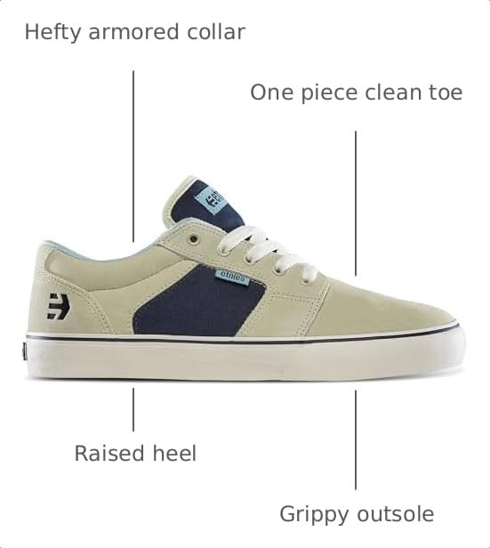 Image of Etnies Barge LS - Classic Skate Look, Slim Vulcanized Silhoutte, Hefty Armored Collar, Reinforced Vulc - Tan /Navy - 11