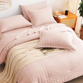 CozyLux King Size Comforter Set Blush Pink Seersucker 7 Pieces Bed in a Bag King Comforter Set with Sheets, Luxury Bedding Set with Down Alternative Comforter, Sheets, Pillowcases & Shams All Seasons
