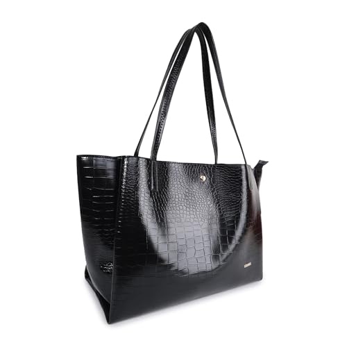 Image of LEEZEL Women's Structured Tote Bag - Large Capacity Work & Travel Purse Croco Pattern Vegan Leather Stylish Tote Bag Classic Everyday Shoulder Bag