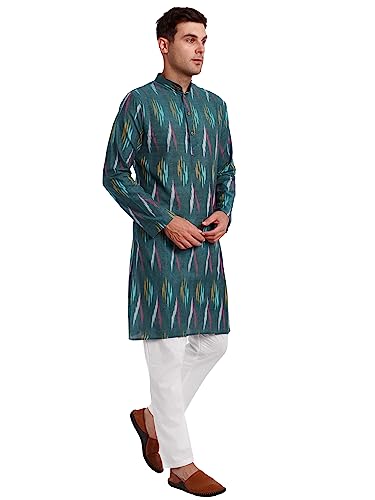 Image of SKAVIJ Men's Pure Cotton Printed Kurta Pajama Set Ikat Design Casual Ethnic Dress