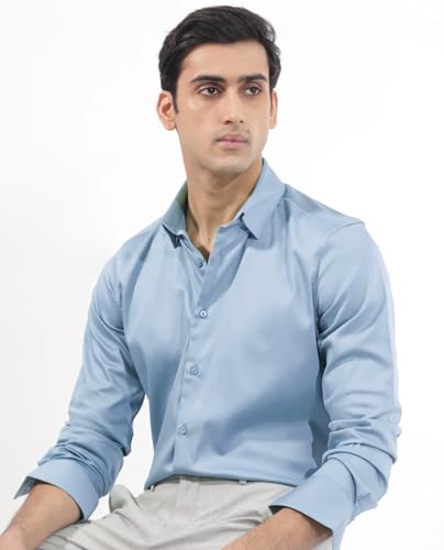 Image of IndoPrimo Men's Satin Shirt with Spread Collar Neck Line Solid Pattern Full Sleeves Regular Fit Western Style and Standard Length