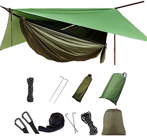 Camping Hammock with Mosquito Net Rain Fly Heavy Duty Tree Strap Portable Single Double Parachute Hammocks Tent Waterproof Rainfly Set for Camping Patio Backpacking Outdoor Hiking Travel