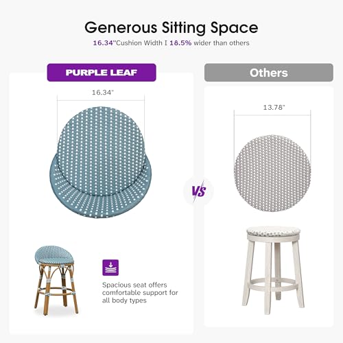 Image of PURPLE LEAF Patio Oversized Backrest Counter Height Stool Set of 1 Outdoor Round Barstools Aluminum Frame in Bamboo Finish Woven Rattan for Indoor Kitchen Dining Bistros Cafe Restaurant Light Blue