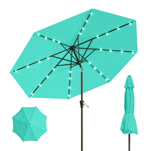 Patio Kingdom 10FT Solar Umbrella 32 LED Lighted Patio Umbrella Table Market Umbrella w/Tilt and Crank, UV-Resistant Outdoor Umbrella for Pool, Garden, Deck, Turquoise Blue