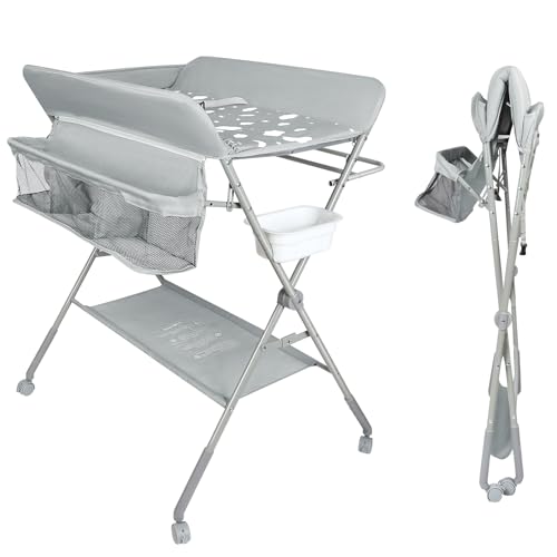 Table à langer pour bébé avec roues, station à langer pliante portable à hauteur réglable avec organiseur de pépinière et support de rangement pour nouveau-né et nourrisson-80 * 58 * 90 cm-gris clair