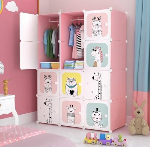 Image of Plastic Wardrobe for Kids Clothes - Durable, Easy to Use Anti-Skid & Non-Slip Effective Professional Collapsible Wardrobe, Plastic Cupboard for Kids, Foldable Almirah (Pink KTH2,12-Door).