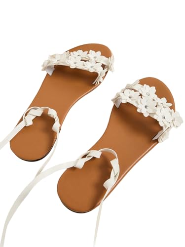 GORGLITTER Women's Flower Lace Up Sandals Floral Open Toe Strappy Tie Up Flat Sandals3