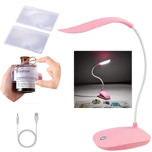 Luz de Lectura + 2 Separadores Lupa, Lámpara LED con Clip y Brazo Flexible Ajustable en 360°, 3 Modos de Luz, USB Recargable, Lectores Noche, E-Reader, Tablet, Estudio, Cama, Libro, Viaje (Rosa)