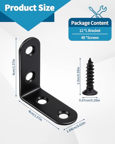 Image of 12 PCS 1.57'' x 1.57'' Stainless Straight Flat Brackets, Black Flat Metal Brace Bracket, Support Flat Metal Brace for Wood Furniture, Mending Plate Connector Joining Bracket for Fence,48 Screws