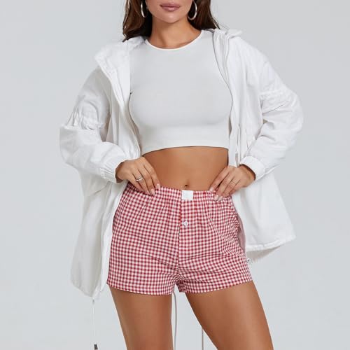 Women Gingham Boxer Shorts Y2k Cute Stripes Plaid Button Elastic Waist Lounge Boxers2