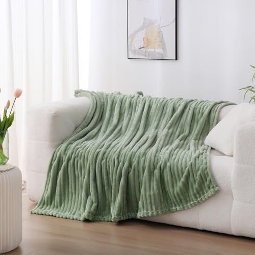 Sage Green Fleece Throw Blanket 50”×60” for Couch Sofa Bed,Super Soft Cozy Plush Microfiber Flannel Blanket with Stripes Design Lightweight for Adults,Woman,Girls - Image 3
