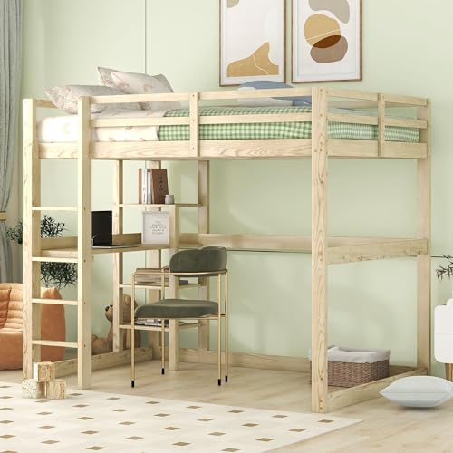 Letto a soppalco 140x200 cm con ripiani e scrivania, lettino in legno con scala e protezione anticaduta, struttura in legno di pino, per ragazzi e ragazze, senza materasso, naturale