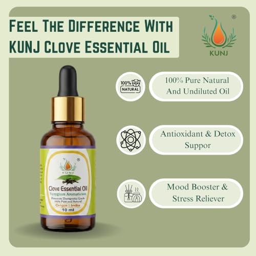 Image of KUNJ Clove Essential Oil 10ml - 100% Pure & Natural Undiluted | Clove Oil for Skin Care, Hair Growth & Scalp | For Diffuser, Aromatherapy, DIY Candle & Soap Making | Therapeutic Grade