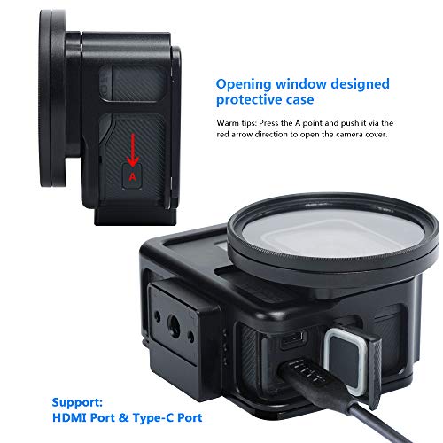 Aluminium Housing Case Alloy Protective Skeleton Frame with 52mm UV Filter and Lens Cap for Gopro Hero 5/6/GoPro HERO7 Black Action Camera Black with Rear Door (Gopro Hero 7 Black Aluminium Case)