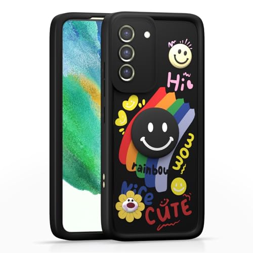 Image of Pikkme Back Cover for Samsung Galaxy S21 Fe 5G | Soft Silicone| Cute Rainbow Smile & 3D Cartoon Flower Design | Shockproof Raised Camera Protection Bumper Case (Black)