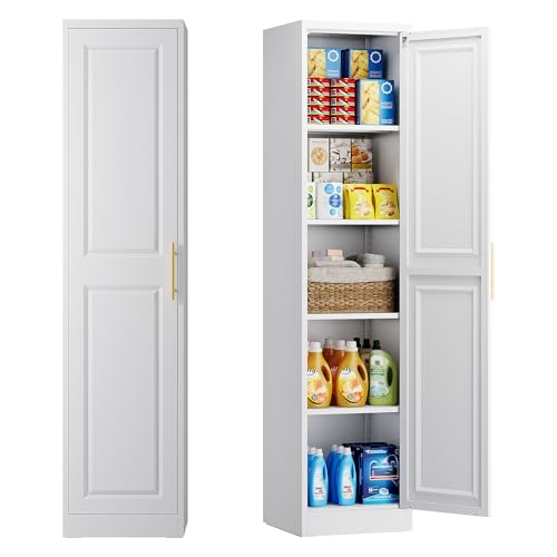 LISSIMO 71''Tall Narrow Storage Cabinet Metal Bathroom Cabinet with Doors and 4 Adjustable Shelves, Slim Pantry Cabinets Cupboard for Small Space, Apartment, Bathroom, Kitchen, Laundry (White)