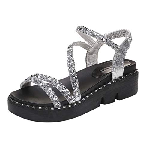 Sandalias Mujer Wedge Tacon Alto 2019 Verano Romana Moda Fiesta Cómodos Zapato Bohemia Calzado Elegantes Gladiador Sandal ZOELOVE Correa del talón de cuña del Rhinestone de Banda/Silver,37