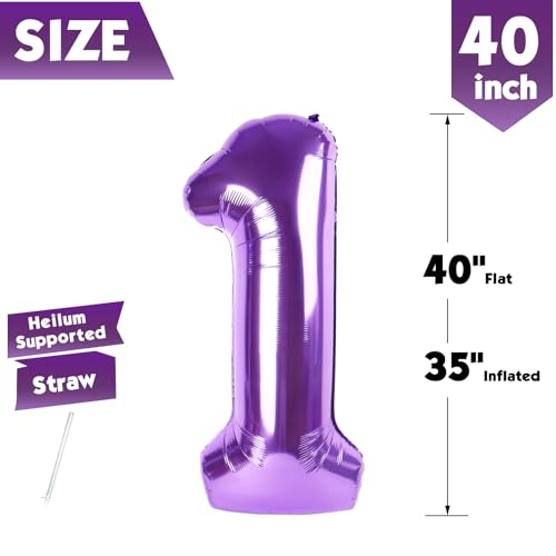 Image of 40 Inch Purple Number 1 Balloon Birthday Party Decorations for Men & Women | 40 Inch Purple inflatable foil number balloons, large birthday decorations for 1st birthday