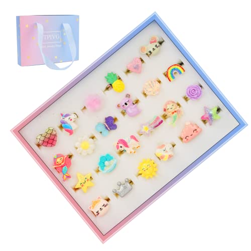 Girl Rings, Adjustable Jewelry Rings Set And Play Dress Up Rings For Kids And Little Girls, Unicorn/Mermaid/Flower Rings 24 Pcs #TOP2
