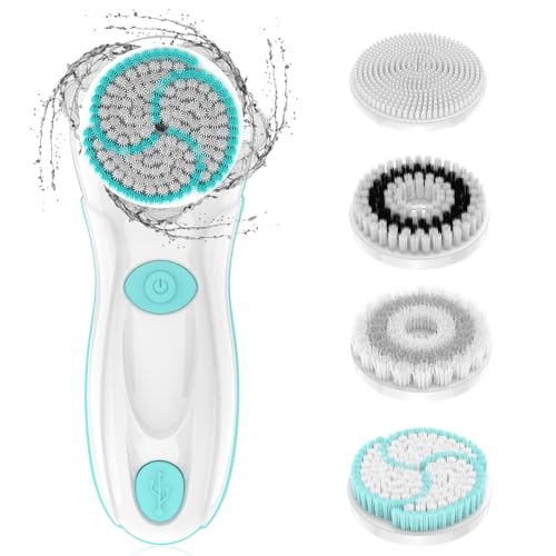 Juego de cepillos giratorios de limpieza facial, 4 cabezales exfoliantes, limpiador facial eléctrico para mujeres y hombres, limpieza profunda, exfoliación suave y masaje, impermeable, recargable