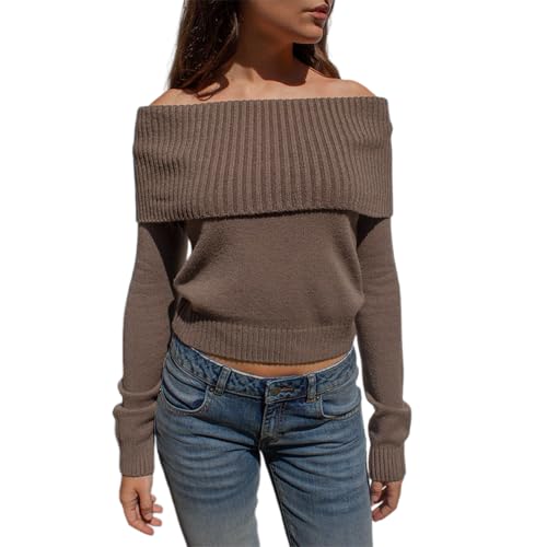 Image of Women Off Shoulder Long Sleeve Sweater Y2K Ribbed Knit Pullover Solid Crop Top Going Out Boat Neck Blouse