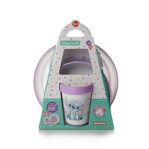 STOR Set Pappa Bimbi Antiscivolo Stitch - 3 Pezzi Piatto Ciotola Bicchiere 260ml - Plastica Senza BPA Microonde - Disney Baby