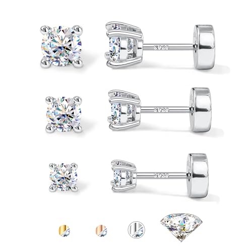 3 Pairs Moissanite Earrings Studs 14K Gold Plated S925 Sterling Silver Flat Back Earring for Women Men - Hypoallergenic Set Cartilage Helix Piercing Jewelry D Color VVS1 1.8CT