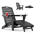 Ciokea Folding Adirondack Chair with Retractable Ottoman Fire Pit Patio Chair with Pull Out Foot Rest Weather Resistant Lawn Outdoor Lounge Chair with 2 Cup Holder (Black)
