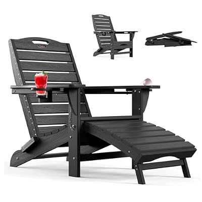 Ciokea Folding Adirondack Chair with Retractable Ottoman Fire Pit Patio Chair with Pull Out Foot Rest Weather Resistant Lawn Outdoor Lounge Chair with 2 Cup Holder (Black)
