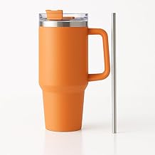 WOW99 1200ml Stainless Steel Tumbler with Handle & Steel Straw | Double Wall Vacuum Insulated Mug | Spill Proof Lid | Beer & Cold Drink Travel Cup (Orange)