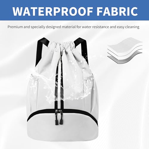 Image of JELUTAR Drawstring Backpack Gym Bag with Shoes Compartment, White | Water-Resistant String Backpack for Soccer, Basketball, Swim, Beach Cinch for Women Men, 22 L Large Capacity, Wet Pocket