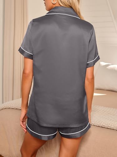 Image of LILLUSORY Silk Satin Pajama Set for Women Summer Two Piece Fall Lounge Pjs | Cozy Matching Sleepwear, Short Sleeve Button Down Shirt and Shorts, Soft Loungewear with Pocket, Cute Trendy Clothing