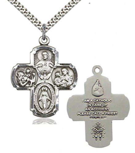 Heartland Men's Catholic 4 Way Cross Sterling Silver Medal Necklace- Handcrafted in USA, Tarnish Resistant, Religious Pendant, Ideal Present for Special Occasions- 24 inch Sterling Silver with Chain3