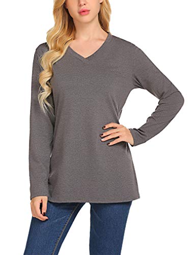 Qearal Womes Loose V Neck Blouse Solid Tees Shirts Long Sleeve Tops Plus Size (XXL, Dark Grey)