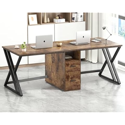 LVB Large Two Person Desk, Industrial Double Computer Desk with Drawers, Extra Long Gaming Desk with Storage Cabinet Shelf, Wood Metal PC Writing Dual Executive Home Office Desk, Rustic Brown, 79 inch Cover