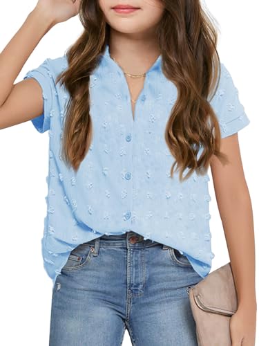 Haloumoning Girls Button Down Shirts Short Sleeve Kids Casual Chiffon Blouse Summer Tops T-Shirt