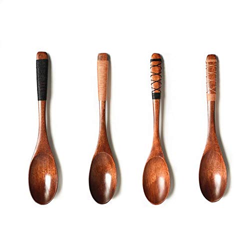 sansheng 4Pcs Wooden Spoons, Wood Soup Spoons for Eating Mixing Stirring Cooking, Long