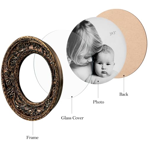 Image of eletecpro 3x3 Small Round Picture Frame with Glass Cover, Antique Gold | Retro Ornate Gold Photo Frame 3 x 3 for Tabletop or Wall Hanging