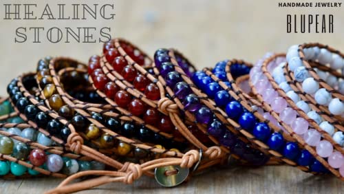 Blupear Real Stones Wrap Bracelet Handmade Woven Brown Leather Multilayer 6Mm Beads Bangle Fashion Style (Rose Quartz) #TOP3