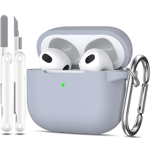 MHYALUDO 3 Case Cover, Soft Silicone Protective Case Skin for 3rd Generation 2021 Charging Case with Keychain，Front LED Visible-Gray