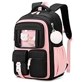 Amythe Schultasche Mädchen Rucksack Schule Mädchen, Atmungsaktiv Schulrucksack für Mädche 1. - 5. Klasse, Lässiger Schulranzen Kinder für Grundschule Mittelschule, Schwarz Rosa