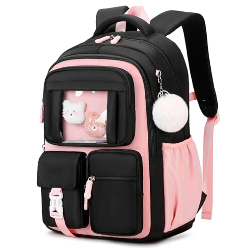 Amythe Schultasche Mädchen Rucksack Schule Mädchen, Atmungsaktiv Schulrucksack für Mädche 1. - 5. Klasse, Lässiger Schulranzen Kinder für Grundschule Mittelschule, Schwarz Rosa